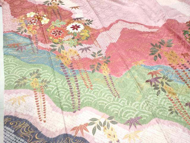 平和屋着物●豪華振袖　駒刺繍　絞り　道長流水枝垂れ草花文　ラメ糸　金彩　正絹　逸品　CAAU2982yc