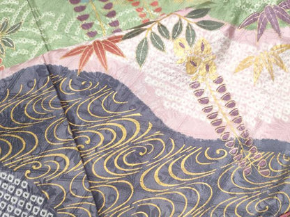 平和屋着物●豪華振袖　駒刺繍　絞り　道長流水枝垂れ草花文　ラメ糸　金彩　正絹　逸品　CAAU2982yc