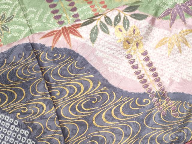 平和屋着物●豪華振袖　駒刺繍　絞り　道長流水枝垂れ草花文　ラメ糸　金彩　正絹　逸品　CAAU2982yc