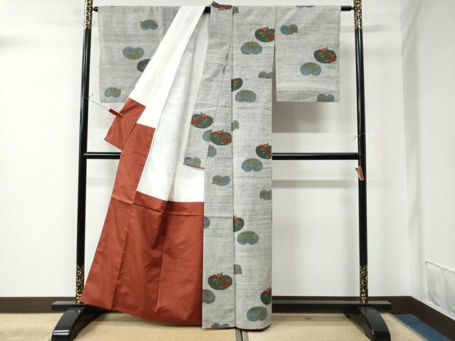 平和屋着物●小千谷紬　草花文　正絹　逸品　CAAU3012yc