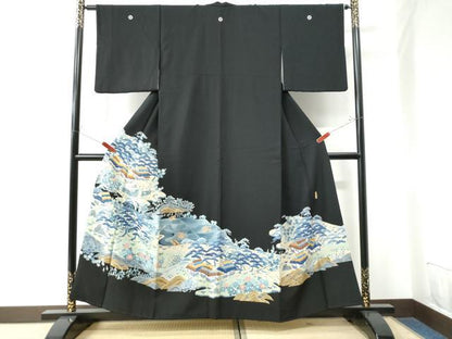 平和屋着物●本加賀友禅作家 奥原一就 黒留袖 流水松竹梅風景花文 正絹 逸品 CAAU3035yc