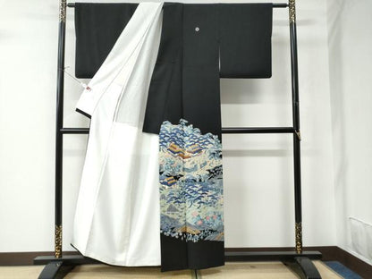 平和屋着物●本加賀友禅作家 奥原一就 黒留袖 流水松竹梅風景花文 正絹 逸品 CAAU3035yc