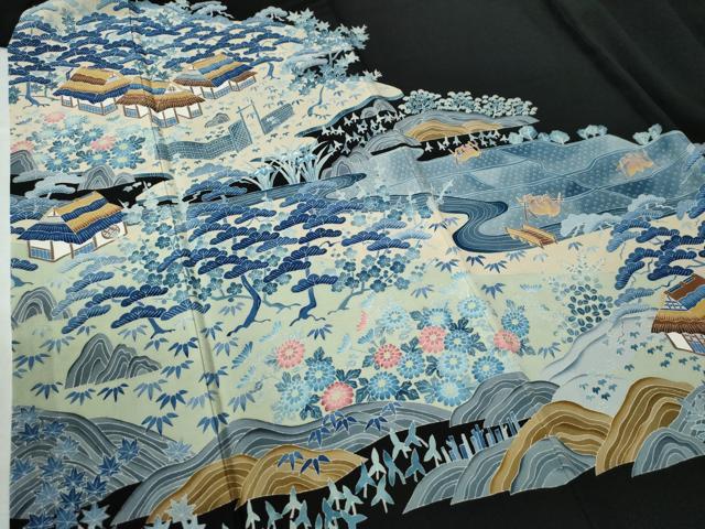 平和屋着物●本加賀友禅作家 奥原一就 黒留袖 流水松竹梅風景花文 正絹 逸品 CAAU3035yc