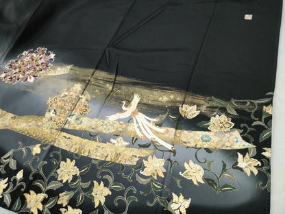 平和屋着物●豪華黒留袖 作家物 刺繍 貝紫 鬘帯鳳凰花唐草文 暈し染め 金彩 正絹 逸品 CAAU3048yc