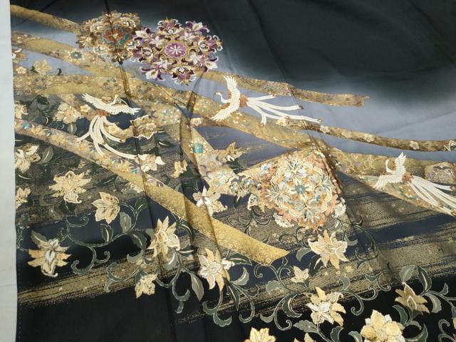 平和屋着物●豪華黒留袖 作家物 刺繍 貝紫 鬘帯鳳凰花唐草文 暈し染め 金彩 正絹 逸品 CAAU3048yc