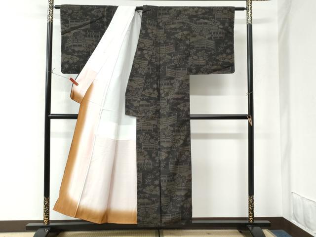 平和屋着物●結城紬 80亀甲 雲取り風景草花文 黒地 正絹 逸品 未使用 CAAU3058yc