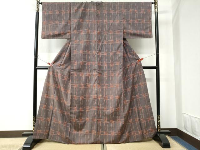平和屋着物●上質な小紋　紬地　変わり格子　正絹　逸品　CAAU3095yc