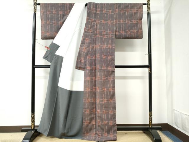 平和屋着物●上質な小紋　紬地　変わり格子　正絹　逸品　CAAU3095yc