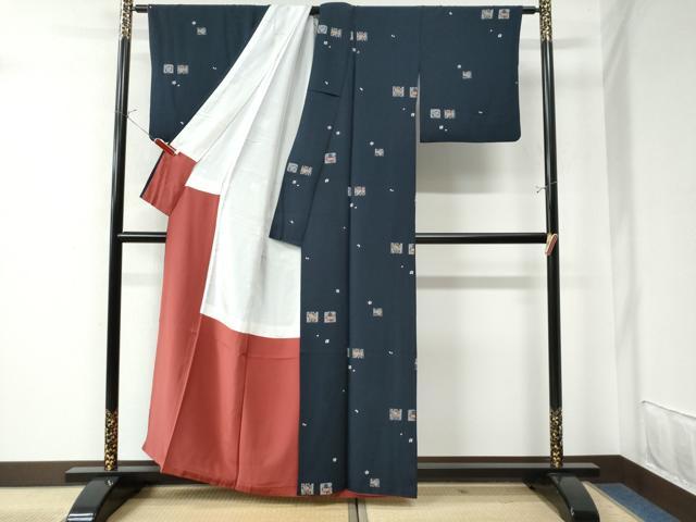 平和屋着物●上質な小紋 色紙玩具舞桜文 紺地 正絹 逸品 CAAU3119yc