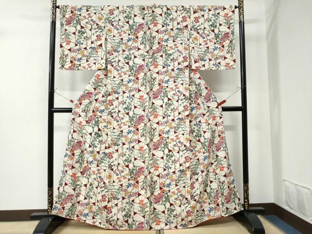 平和屋着物●上質な小紋　紅型　亀甲枝花文　鬼しぼ縮緬　正絹　逸品　CAAU3122yc