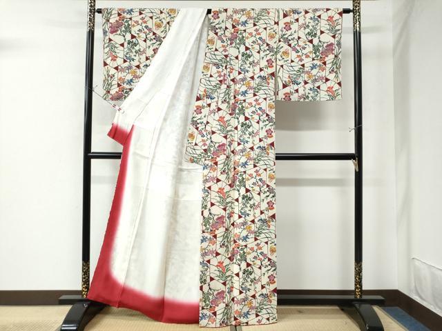 平和屋着物●上質な小紋　紅型　亀甲枝花文　鬼しぼ縮緬　正絹　逸品　CAAU3122yc