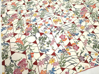 平和屋着物●上質な小紋　紅型　亀甲枝花文　鬼しぼ縮緬　正絹　逸品　CAAU3122yc