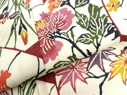 平和屋着物●上質な小紋　紅型　亀甲枝花文　鬼しぼ縮緬　正絹　逸品　CAAU3122yc