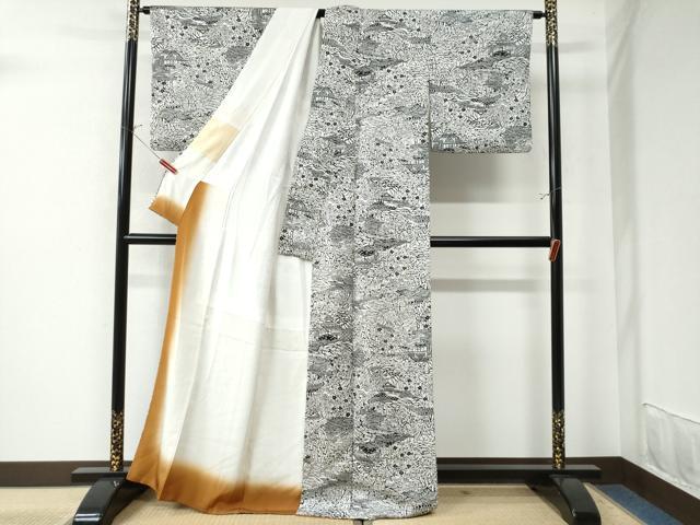 平和屋着物●上質な小紋 型染め 浜松風景草花文 正絹 逸品 CAAU3176yc