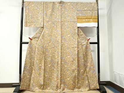 平和屋着物●琉球紅型　小紋　流水扇面草花文　反端付き　正絹　逸品　未使用　CAAU3181yc
