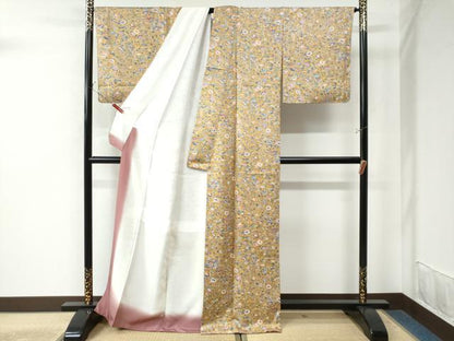 平和屋着物●琉球紅型　小紋　流水扇面草花文　反端付き　正絹　逸品　未使用　CAAU3181yc