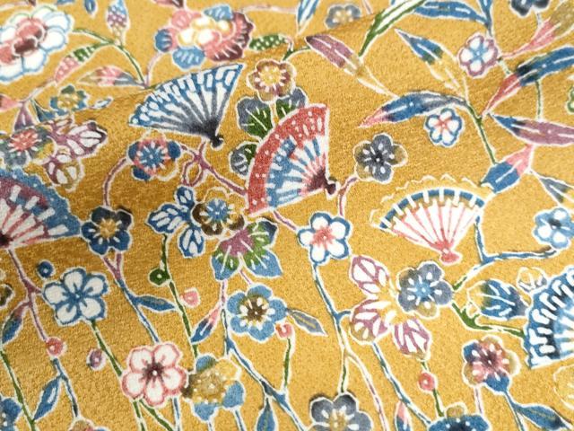平和屋着物●琉球紅型　小紋　流水扇面草花文　反端付き　正絹　逸品　未使用　CAAU3181yc