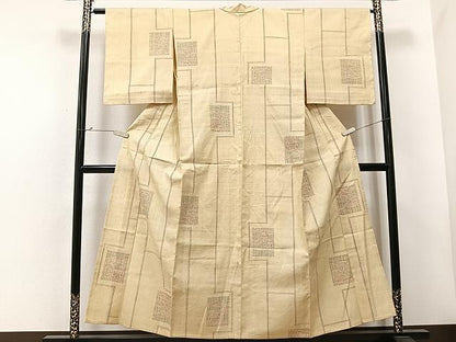 平和屋着物▽結城紬　単衣　幾何学間道　正絹　逸品　CAAU3787xi