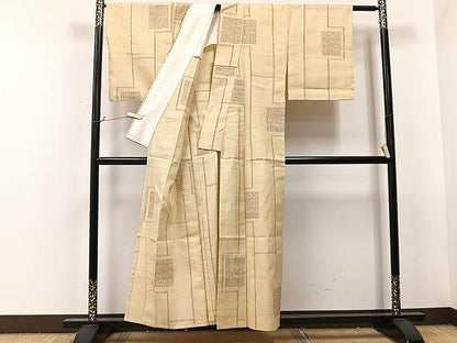 平和屋着物▽結城紬　単衣　幾何学間道　正絹　逸品　CAAU3787xi