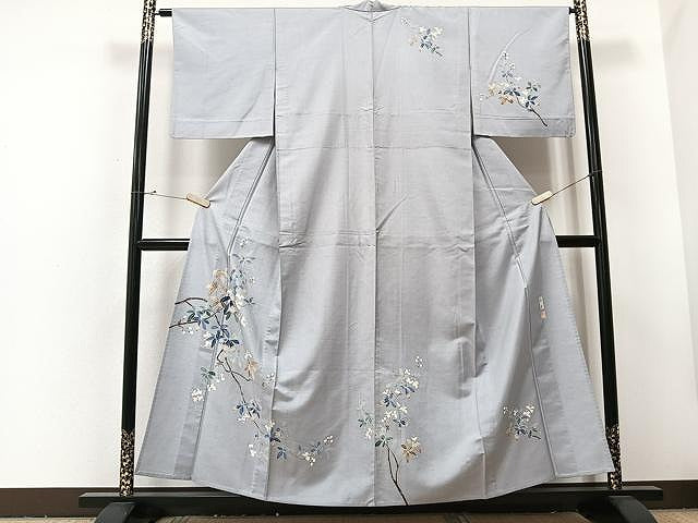 平和屋着物▽訪問着 単衣 紬地 友禅 作家物 枝葉文 正絹 逸品 CAAU3788xi
