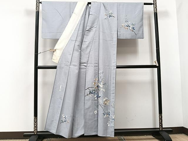 平和屋着物▽訪問着 単衣 紬地 友禅 作家物 枝葉文 正絹 逸品 CAAU3788xi
