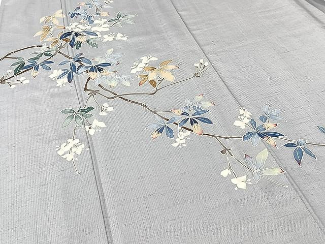 平和屋着物▽訪問着 単衣 紬地 友禅 作家物 枝葉文 正絹 逸品 CAAU3788xi