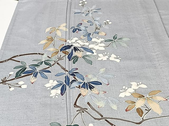 平和屋着物▽訪問着 単衣 紬地 友禅 作家物 枝葉文 正絹 逸品 CAAU3788xi