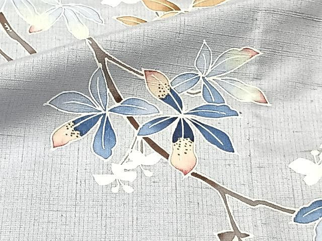 平和屋着物▽訪問着 単衣 紬地 友禅 作家物 枝葉文 正絹 逸品 CAAU3788xi