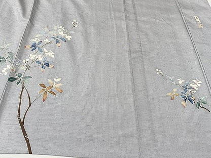 平和屋着物▽訪問着 単衣 紬地 友禅 作家物 枝葉文 正絹 逸品 CAAU3788xi
