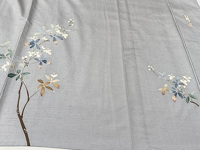 平和屋着物▽訪問着 単衣 紬地 友禅 作家物 枝葉文 正絹 逸品 CAAU3788xi