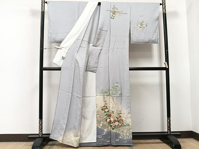 平和屋着物▽訪問着　単衣　風景草花文　暈し染め　金彩　正絹　逸品　CAAU3796xi