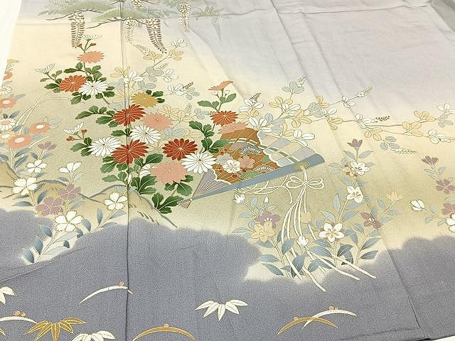 平和屋着物▽訪問着　単衣　風景草花文　暈し染め　金彩　正絹　逸品　CAAU3796xi
