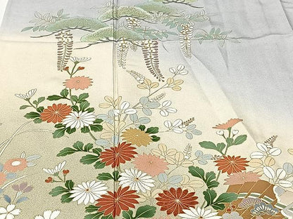 平和屋着物▽訪問着　単衣　風景草花文　暈し染め　金彩　正絹　逸品　CAAU3796xi
