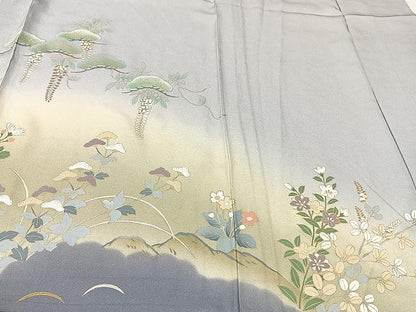 平和屋着物▽訪問着　単衣　風景草花文　暈し染め　金彩　正絹　逸品　CAAU3796xi