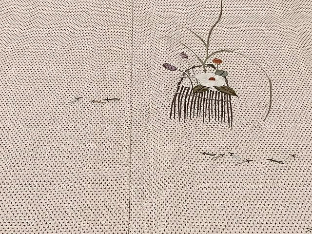 平和屋着物▽伝統工芸士十一代山田直右衛門 塩沢紬 訪問着 単衣 刺繍 草花文 十字絣 証紙付き 正絹 逸品 CAAU3798xi