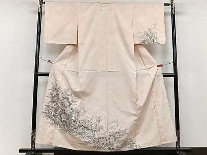 平和屋着物▽訪問着 単衣 紬地 手描き 草花文 正絹 逸品 CAAU3823xi