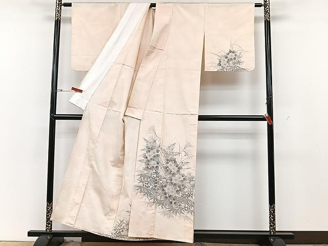 平和屋着物▽訪問着 単衣 紬地 手描き 草花文 正絹 逸品 CAAU3823xi