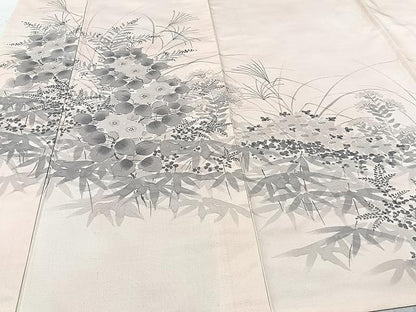 平和屋着物▽訪問着 単衣 紬地 手描き 草花文 正絹 逸品 CAAU3823xi