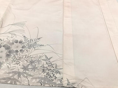 平和屋着物▽訪問着 単衣 紬地 手描き 草花文 正絹 逸品 CAAU3823xi