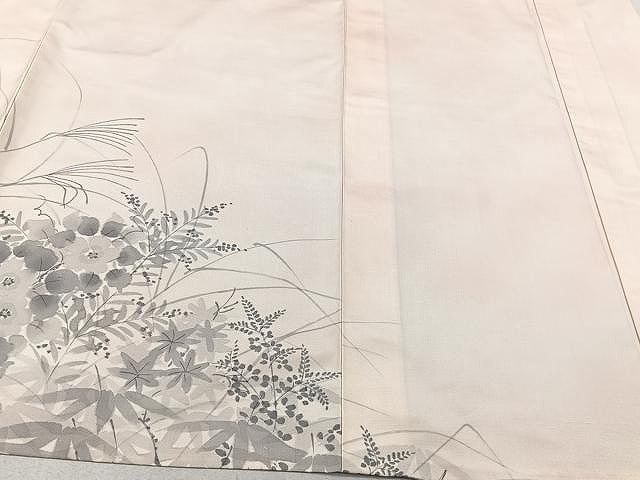 平和屋着物▽訪問着 単衣 紬地 手描き 草花文 正絹 逸品 CAAU3823xi