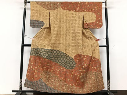 平和屋着物▽訪問着 単衣 紬地 更紗花文 ますいわ屋扱い 正絹 逸品 CAAU3827xi