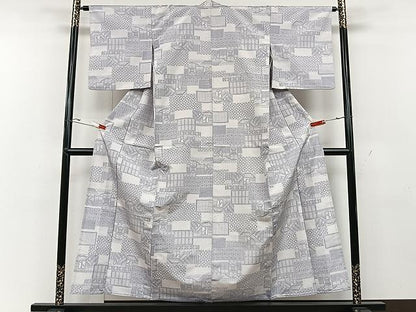 平和屋着物▽上質な紬 単衣 色紙吉祥文 正絹 逸品 CAAU3828xi
