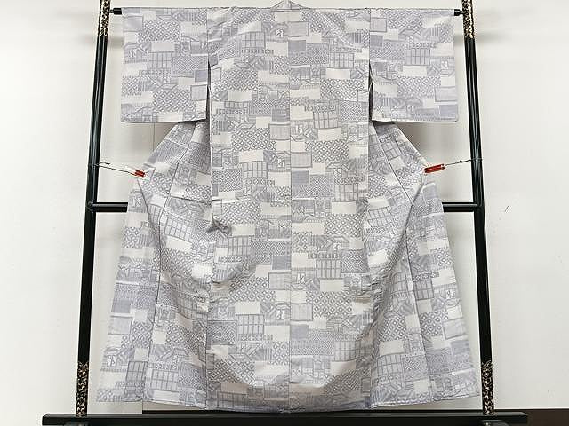 平和屋着物▽上質な紬 単衣 色紙吉祥文 正絹 逸品 CAAU3828xi