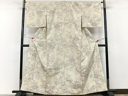 平和屋着物▽上質な紬 単衣 草花文 正絹 逸品 CAAU3829xi