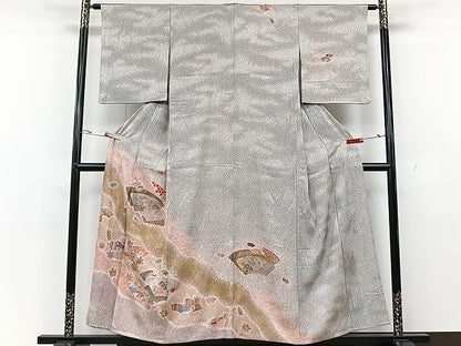 平和屋着物▽訪問着 単衣 流水地紙文 たたき染め 金銀彩 正絹 逸品 CAAU3834xi