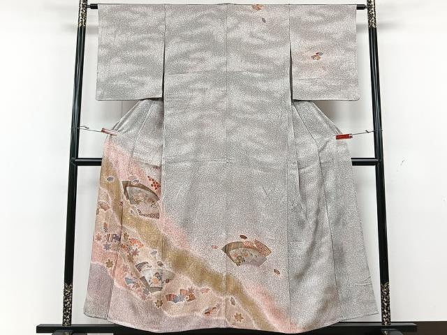 平和屋着物▽訪問着 単衣 流水地紙文 たたき染め 金銀彩 正絹 逸品 CAAU3834xi
