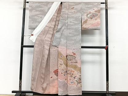 平和屋着物▽訪問着 単衣 流水地紙文 たたき染め 金銀彩 正絹 逸品 CAAU3834xi