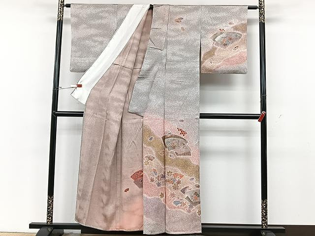 平和屋着物▽訪問着 単衣 流水地紙文 たたき染め 金銀彩 正絹 逸品 CAAU3834xi