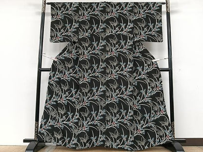 平和屋着物▽上質な小紋 単衣 草花文 黒地 正絹 逸品 CAAU3837xi