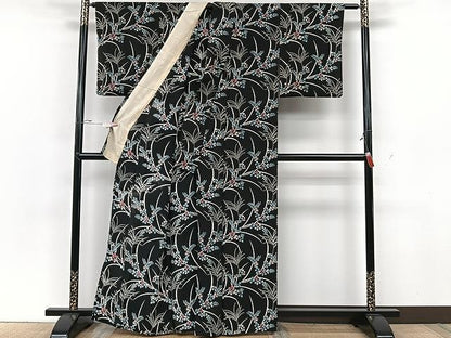平和屋着物▽上質な小紋 単衣 草花文 黒地 正絹 逸品 CAAU3837xi